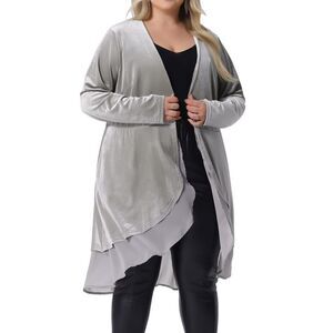 Plus Size Velvet Cardigan Ruffled Asymmetric Open Front Long Jacket Silver